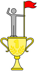 Success banner web icon, man with flag standing on top of golden cup, striving for goal, planning, target. Strategy, doing, teamwork, consistency for success, personal achievements on way to victory