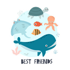 Best friends. Cartoon whale, octopus, stingray, turtle, fish, hand drawing lettering, decor elements. colorful vector illustration, flat style. design for cards, print, posters, logo, cover
