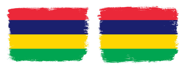 A set of two vector brush flags of Mauritius with abstract shape brush stroke effect