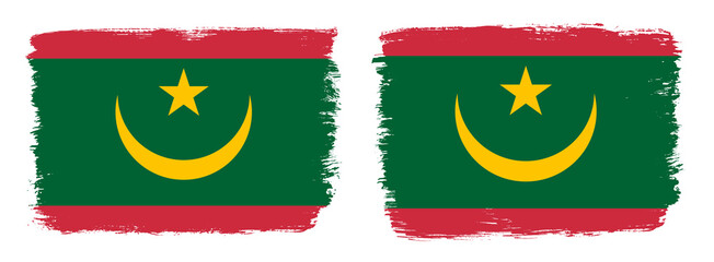 A set of two vector brush flags of Mauritania with abstract shape brush stroke effect