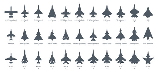 Military aircrafts icon set. Fighters and bombers silhouette on white background. Vector illustration - obrazy, fototapety, plakaty