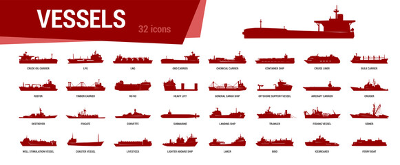 Ships icon set. Simple silhouettes of diferent types of vessels on white background. Vector illustration