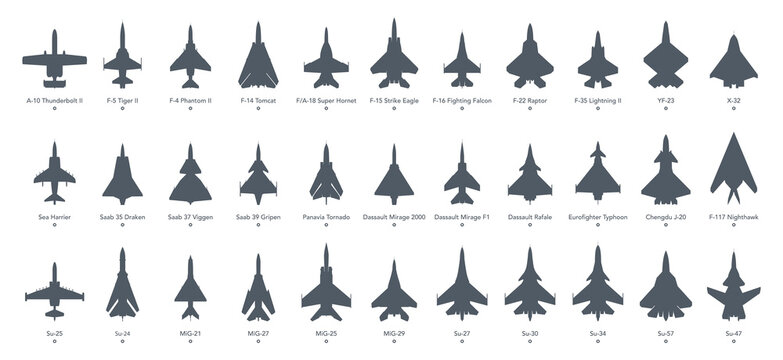Military aircrafts icon set. Fighters and bombers silhouette on white background. Vector illustration