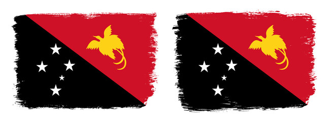 A set of two vector brush flags of Papua New Guinea with abstract shape brush stroke effect