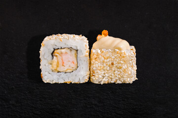 Rolls with caviar, rice, mayonnaise, nori, shrimp