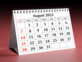 One page of the annual business desk monthly calendar. Date - month Aaugust 2022