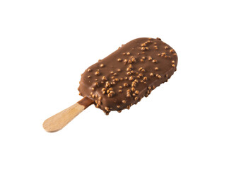 Cold ice cream with chocolate and nuts on a stick. Chocolate popsicle with nuts on a stick on a white background. Isolated