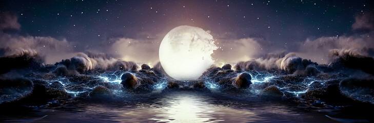 Night fantasy seascape with beautiful waves and foam. Night view of the ocean. Neon foam on water waves. Reflection in the water of the starry sky. 3D illustration. - obrazy, fototapety, plakaty