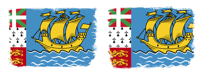 A set of two vector brush flags of Saint Pierre and Miquelon with abstract shape brush stroke effect
