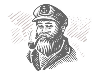 Sea captain old sailor with pipe engraved sketch.