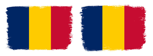 A set of two vector brush flags of Romania with abstract shape brush stroke effect
