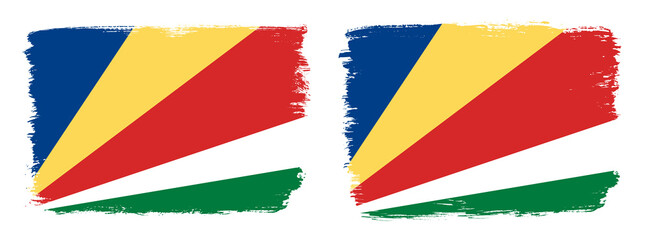 A set of two vector brush flags of Seychelles with abstract shape brush stroke effect