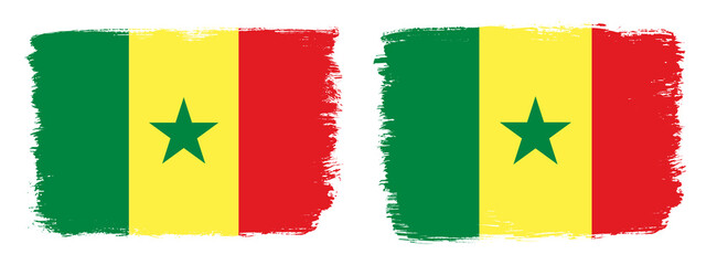 A set of two vector brush flags of Senegal with abstract shape brush stroke effect