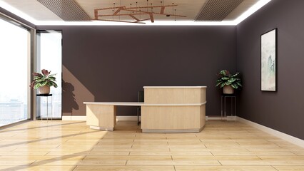 office front desk or receptionist room with wooden design interior