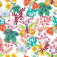 Seamless pattern with cute animals childish botanical garden wild field flower Suitable for design kid textile, wrapping paper, background