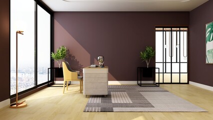 3d office minimalist room with wooden design interior