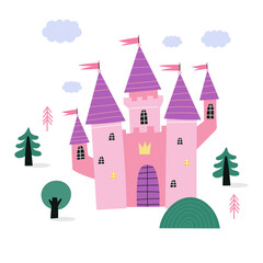 Obraz premium Fairy tale princess castle - vector illustration in flat style. Fantastic cute castle - fairytale kingdom