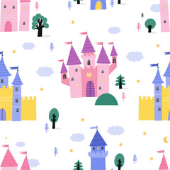 Fairy tale princess castle - vector illustration in flat style. Fantastic cute castle - fairytale kingdom seamless pattern