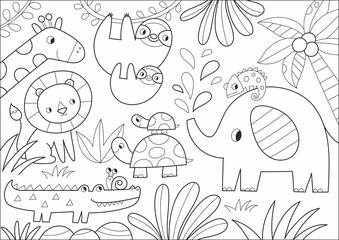 Cute cartoon hand drawn safari animals. Coloring page - african animals lion, elephant, sloth, turtle, giraffe, crocodile, chameleon. Activity coloring poster for children