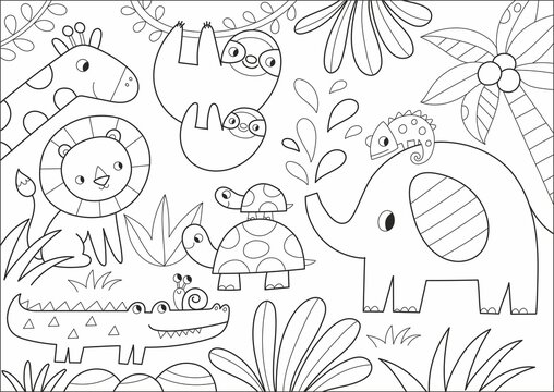 Cute cartoon hand drawn safari animals. Coloring page - african animals lion, elephant, sloth, turtle, giraffe, crocodile, chameleon. Activity coloring poster for children