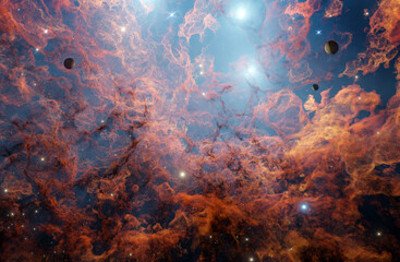 Nebula in outer space, planets and galaxy