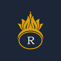 Letter R Crown Logo. Crown Logo on Letter R Vector Template Design.