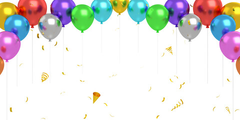 Colorful balloons and confetti isolated transparent for happy birthday and anniversary celebration mockup background, 3d rendering