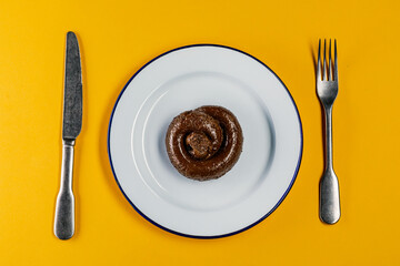 Plastic excrement lies on a plate between a fork and a knife close-up. The concept of an inept...