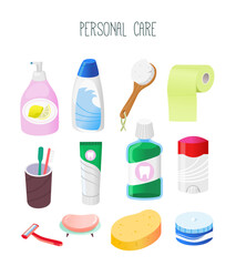 Collection of hygienic supplies and goods from cosmetics department in grocery store. Personal care goods. Isolated vector image