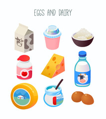 Collection of goods from dairy department of a grocery store or online  marketplace. Isolated vector illustration with group of milk, cheese, yogurt and eggs.