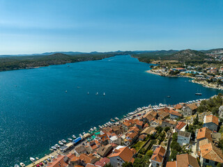 Fototapeta na wymiar Croatia - Amazing Sibenik the historical city in heart of Dalmacia from drone view
