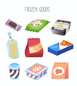 Collection of goods and frozen food section of a grocery store or online  marketplace. Isolated vector illustration with  fruit and vegetables, pancakes ice cream and pizza.