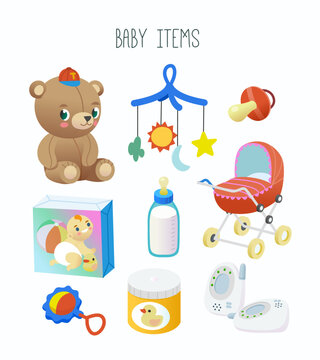 Collection of baby items and supplies for upbringing a baby. Goods sold in the baby section of a store. Isolated vector illustrations.