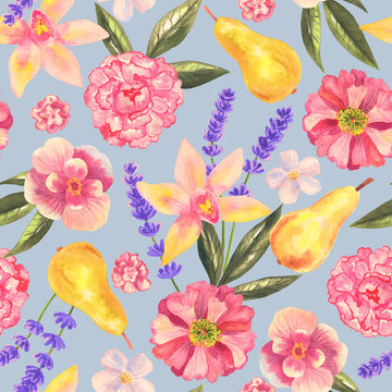 Floral seamless background. Pattern with beautiful watercolor flowers peony and pears. Botanical hand drawn illustration. Texture for print, fabric, textile, packing.