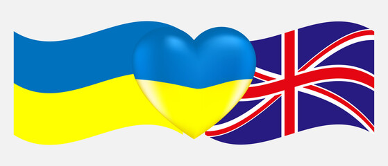 Vector drawing volume heart in the colors of the Ukrainian flag and flags of Ukraine and Great Britain flag
