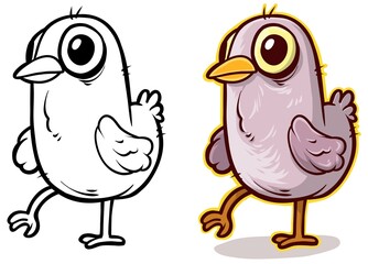 Cartoon funny cute hand drawn walking little pink bird. Vector colorful sketch isolated on white background.