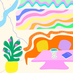 Vector illustration of living room with colorful desighn lines abstract