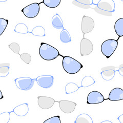 Glasses with black and gray frames of different shapes with blue glass on a white background, seamless pattern illustration.