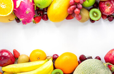 Fresh vegetables and fruits on a white background with copy space,Colorful fruits