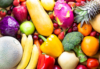 Fresh fruits and vegetables.Assorted fruits colorful,clean eating,Fruit background,fruit for good health.