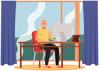 Man working at office with computer at workplace. Employee manager or businessman sitting at desk, looking at laptop, writing notes, doing tasks. Effective time management, workspace, workflow