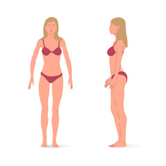 Young girl, full body of a woman, front and side views. Isometric vector illustration of a person standing still and a person walking.