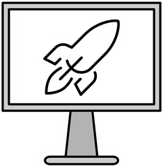Rocket, startup symbol on monitor. Start of project, launch new plan, work with laptop concept. Planning strategy, launching idea with digital technology. Work with online business development icon