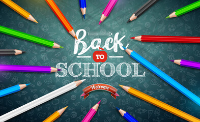 Back to School Design with Colorful Pencil and Typography Letter on Chalkboard Background. Vector School Illustration with Hand Drawn Doodles for Greeting Card, Banner, Flyer, Invitation or Brochure
