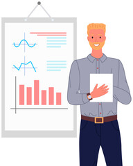 Analytics information and development statistics. Web analysis measure, product testing technology. Man analyses dashboard seo optimization, digital report. Statistical indicators and data on diagram