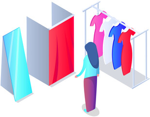 Choosing clothes in store, shopping concept. Female buyer chooses clothing in dressing room. Customer trying on dress in mall vector illustration. Woman stands in fitting room of store or boutique