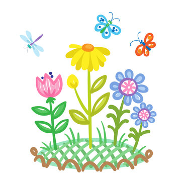 Children's drawing. Bright butterflies and flowers in a flower bed. In cartoon style. Isolated on white background. Vector flat illustration