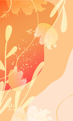 Vertical frame with abstract spots in orange gradient with flowers and branches with place for text