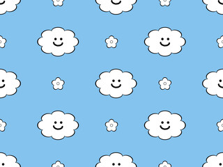 Cloud cartoon character seamless pattern on blue background