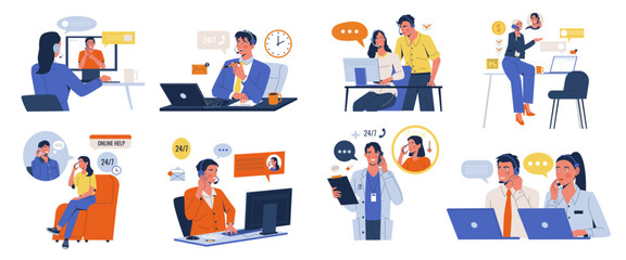 A set of call center workers and hotlines. Call center operator concepts communicate on the phone and solve problems. Online customer and patient support.